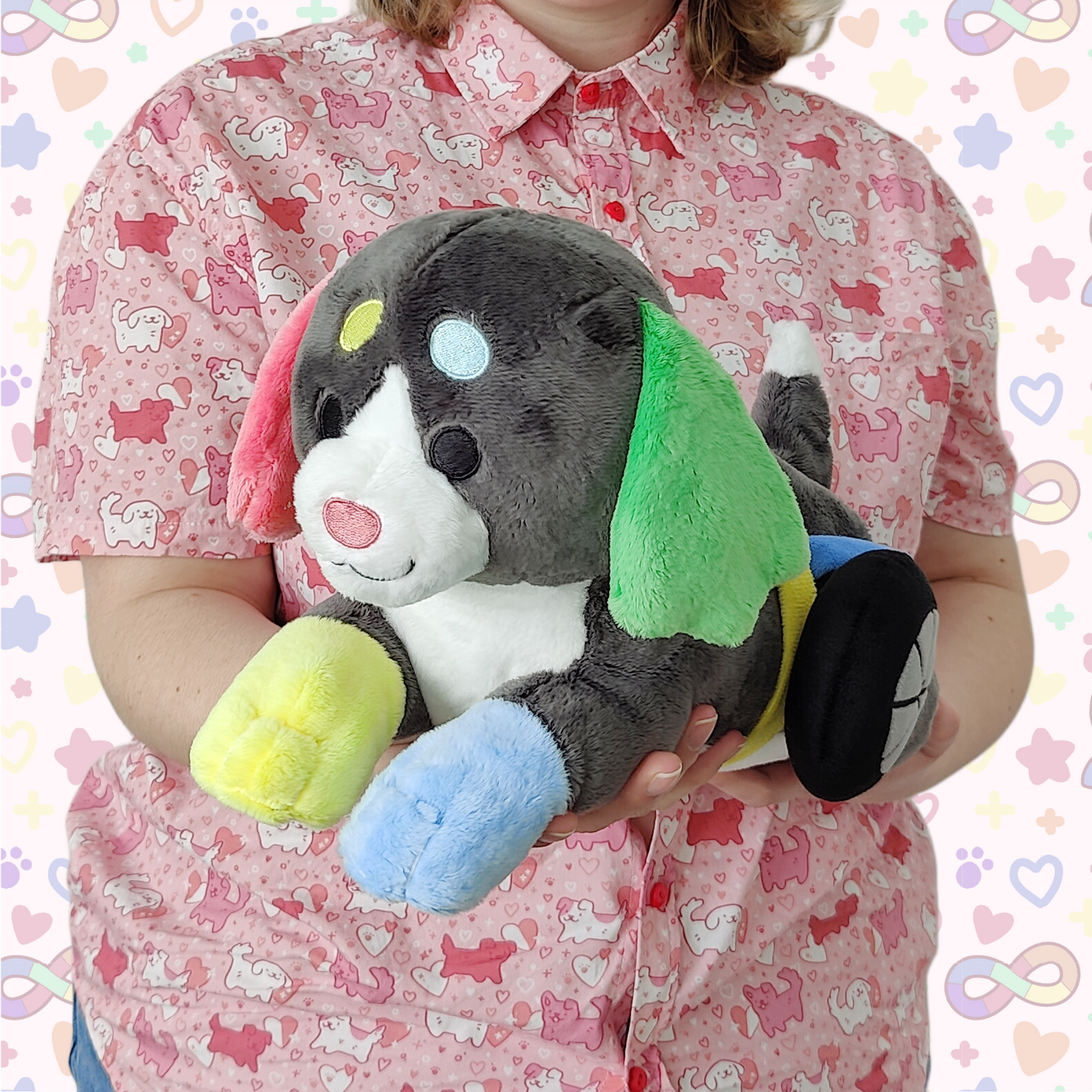 dash the disability pride puppy laying cuddle plushie!