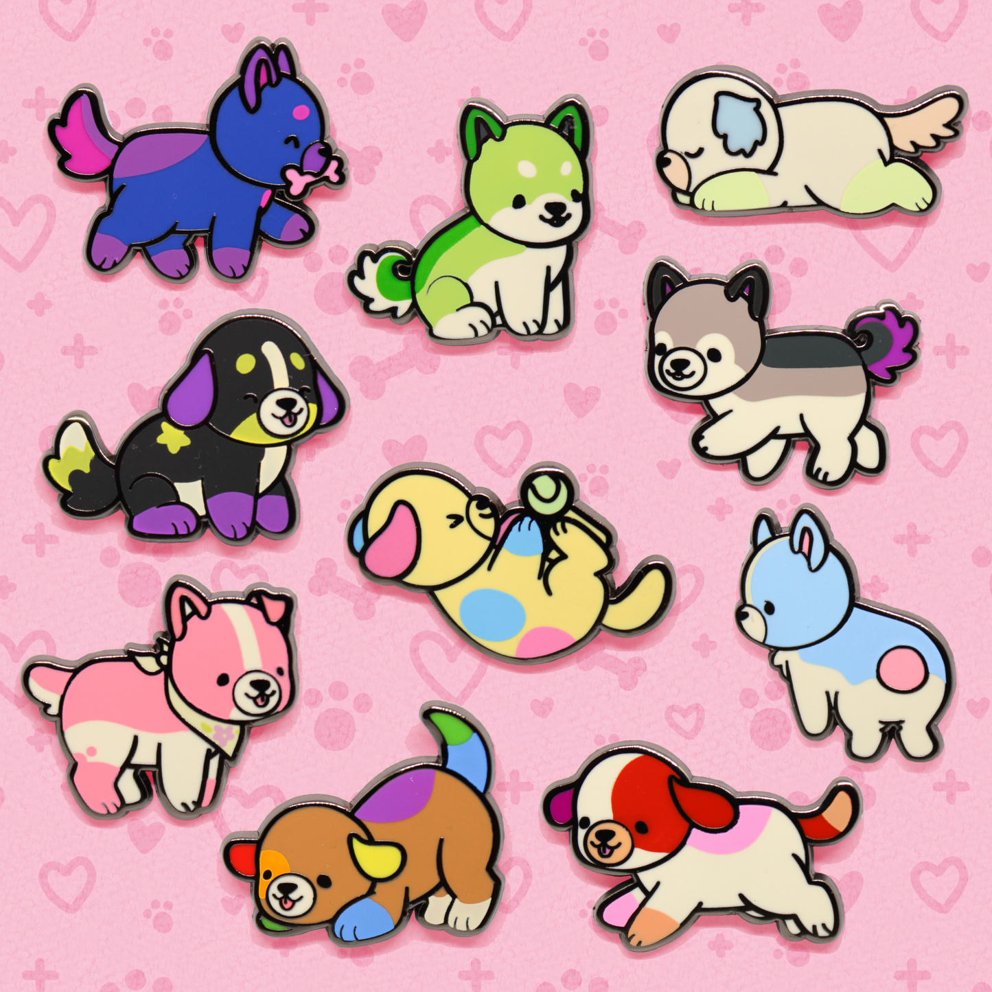 colorful puppies enamel pins