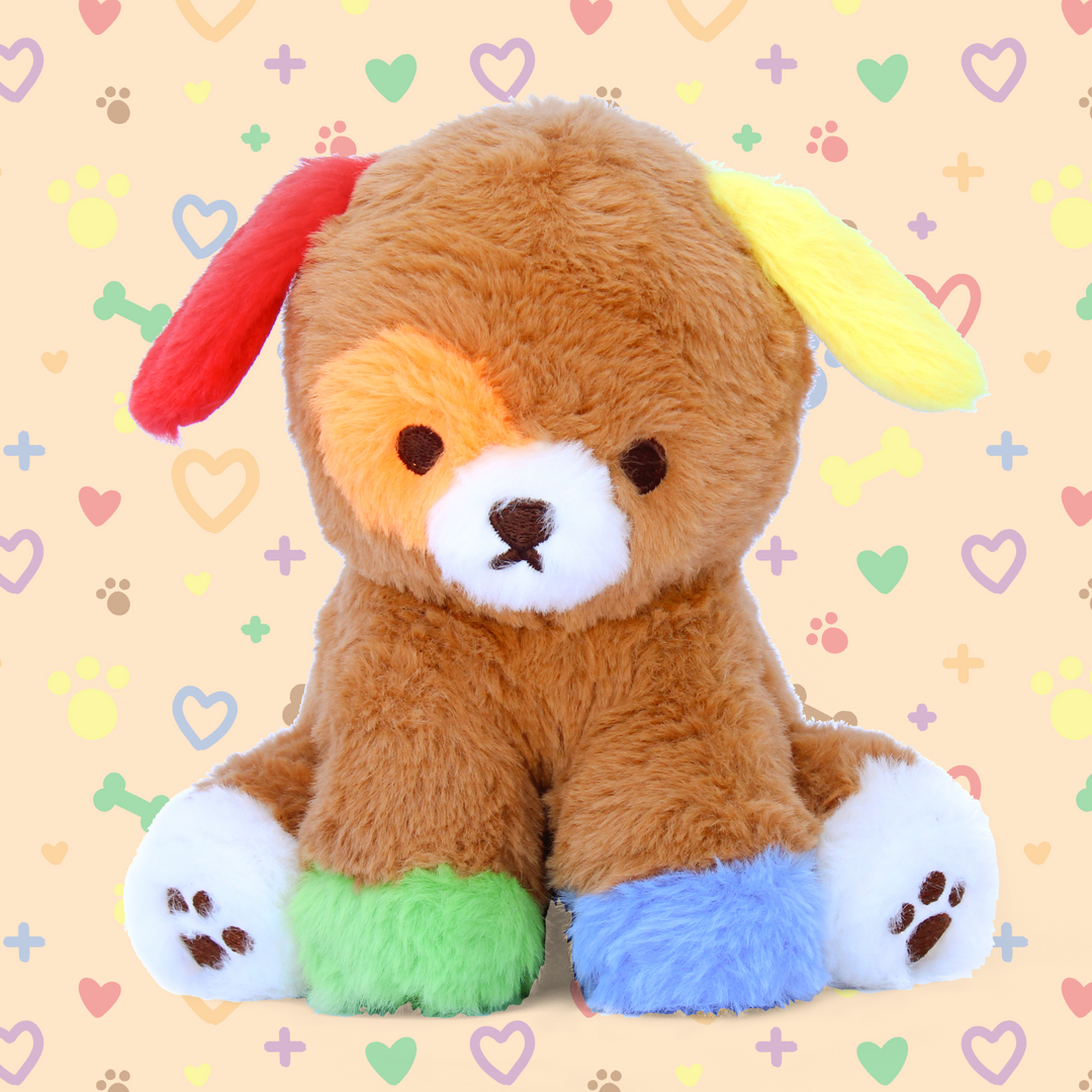 Plush toy of a puppy with rainbow spots