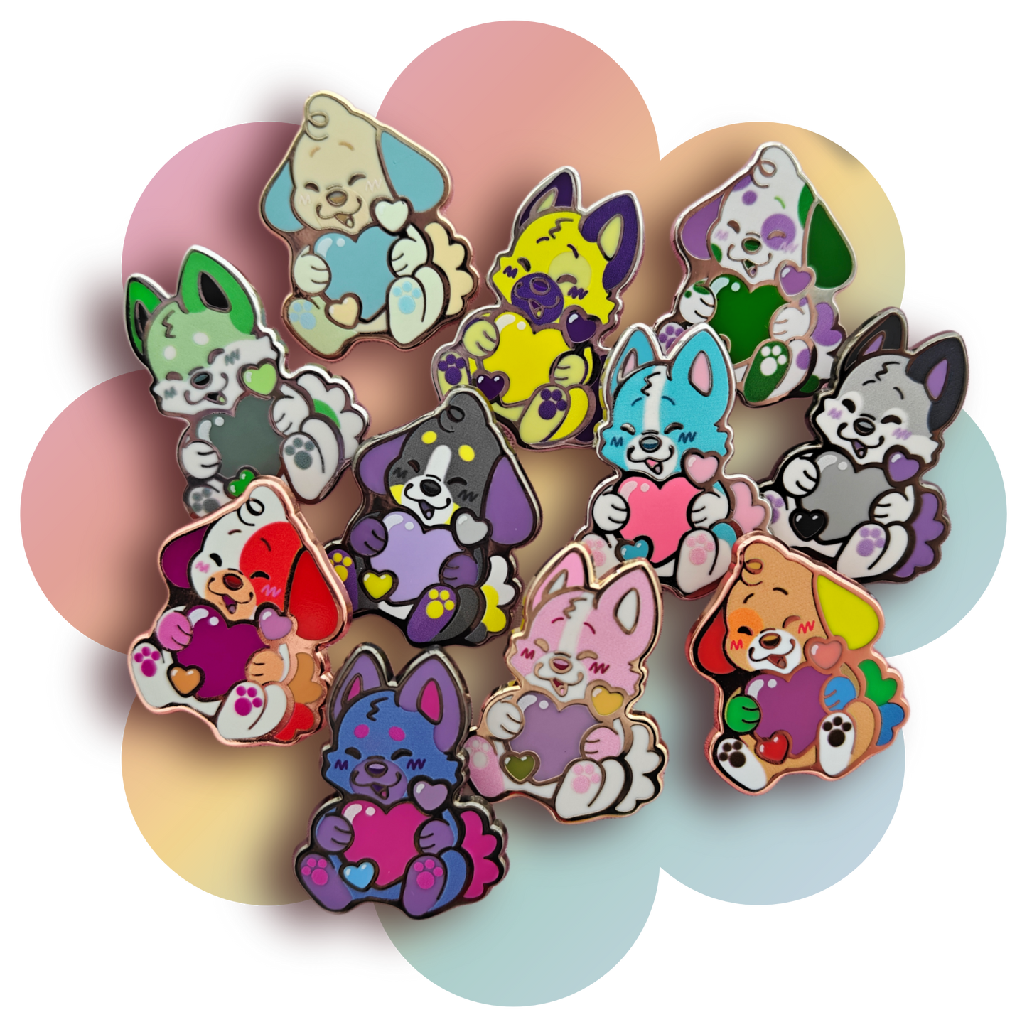 colorful puppies heartsie hard enamel pins