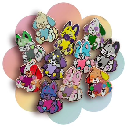 colorful puppies heartsie hard enamel pins