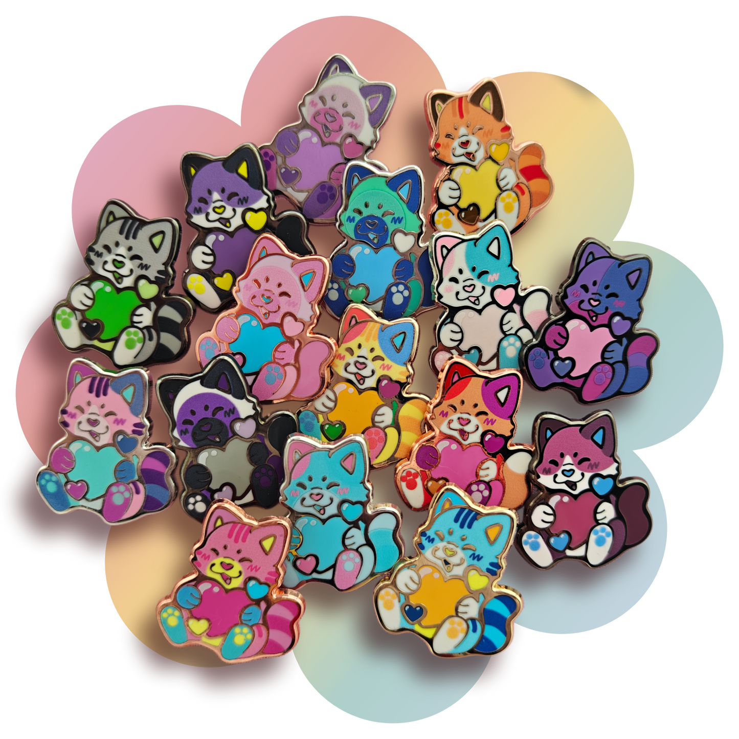 colorful kitties heartsie hard enamel pins