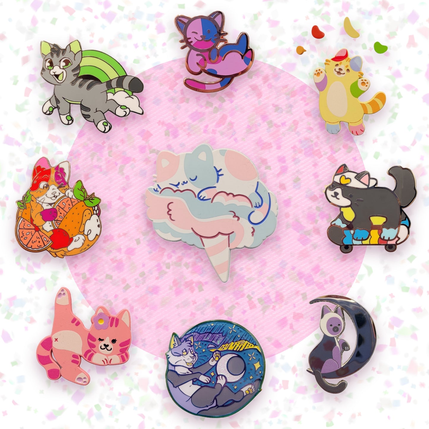 colorful kitties guest artist enamel pins